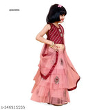 Peach peplum dupion-silk lehenga choli set with super net dupatta and border lace, festive collection for girl (size: 12-18 months)