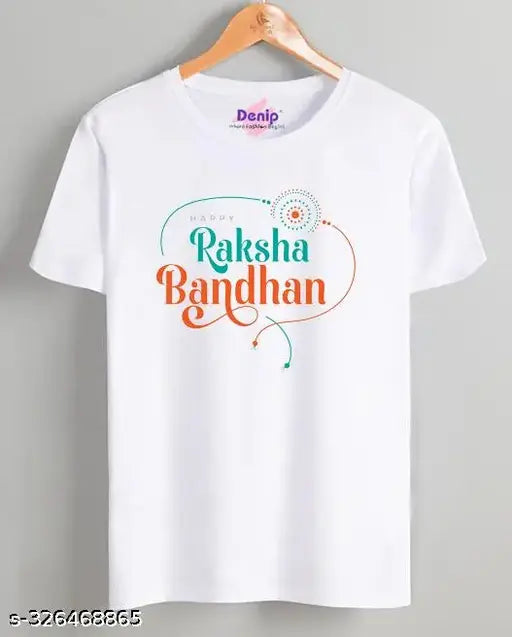 White polycotton printed Rakhi T-shirt for men, trendy half sleeve design, best for summers and autumn seasons. Quality assured