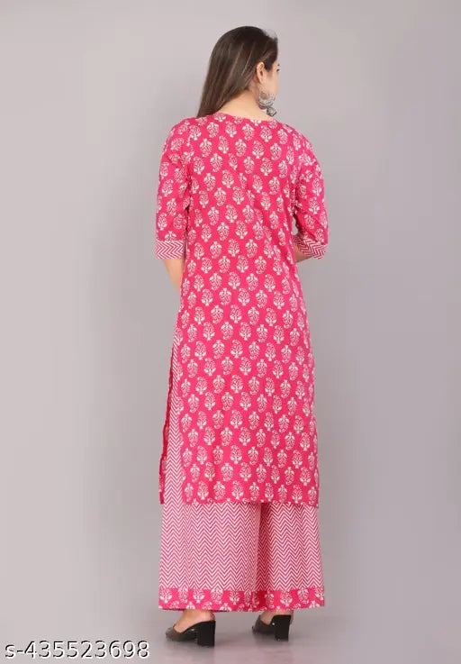 Women's Pink Cotton Kurta Pant set with three-quarter sleeves, printed net pattern, palazzos bottom, single size chart provided (India origin)