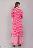 Women's Pink Cotton Kurta Pant set with three-quarter sleeves, printed net pattern, palazzos bottom, single size chart provided (India origin)