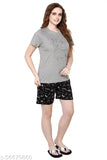 Grey and black galaxy print cotton women's shorts set with grey nightsuit top, short sleeves