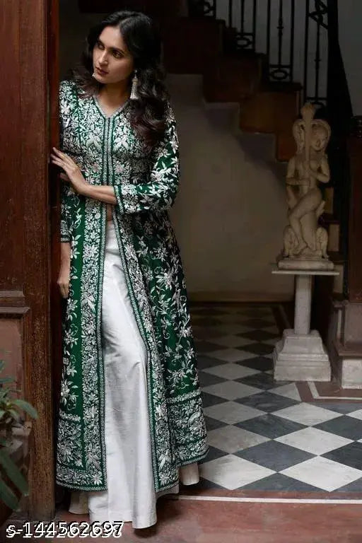 Kali Green Rayon kurta and skirt set, embroidered net three-quarter sleeves Indian ethnic wear for women