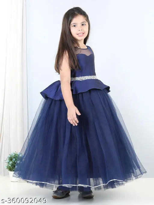 Navy blue sleeveless net gown, embellished toy balloon design for kid's party wear (1-12 years)