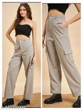 High-rise cargo pants, cotton lycra, women's wide leg style with four pockets for casual or formal wear