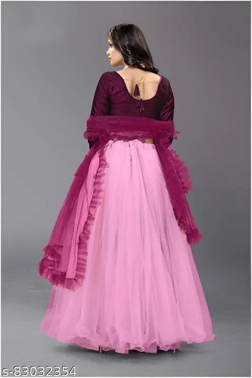 Women's dark pink velvet and net lehenga-choli set with ruffle dupatta, semi-stitched (waist 44in, length 48in)