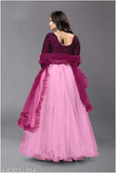 Women's dark pink velvet and net lehenga-choli set with ruffle dupatta, semi-stitched (waist 44in, length 48in)