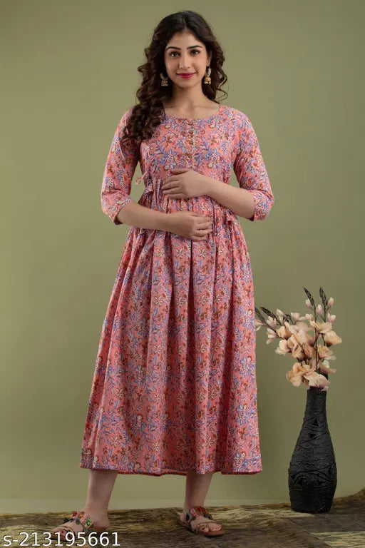 Stylish pink rayon feeding gown with three-quarter sleeves, printed combo for moms. M-XXXL sizes available. Made in India