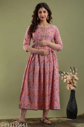 Stylish pink rayon feeding gown with three-quarter sleeves, printed combo for moms. M-XXXL sizes available. Made in India