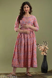 Stylish pink rayon feeding gown with three-quarter sleeves, printed combo for moms. M-XXXL sizes available. Made in India