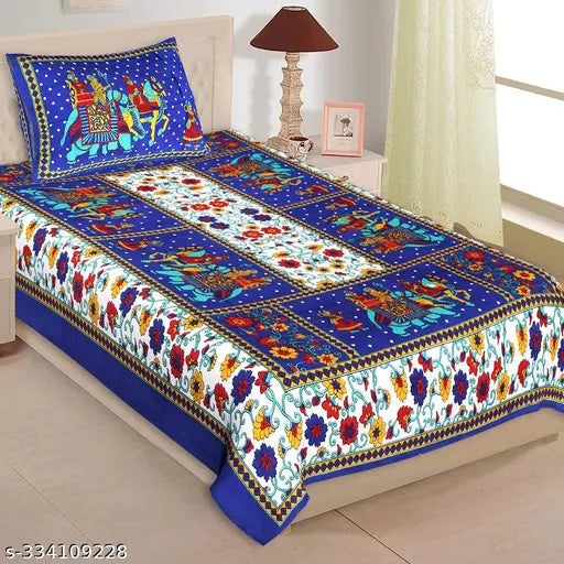 Cotton Jaipuri printed single bedsheets set (2 bedsheets + 2 pillow covers), superfine quality for summer use, Indian craftsmanship