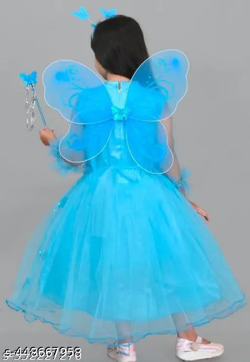 Aque blue embellished net dress with three-quarter sleeves for girls aged 12 months to 10 years. Handcrafted Indian fashion wear on mannequin