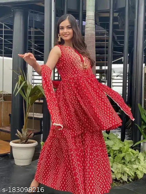 Elegant red rayon Anarkali kurta with dupatta & bottomwear set for women - vibrant print, festive occasion wear, pack of 3 (XS-XXL), made in India