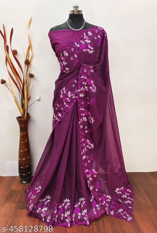 Georgette and Bangalore silk, embroidered saree with dupion silk blouse in Pushpa 3 wine color, perfect for festive wear or special occasions