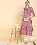 Women's rayon floral print kurta pant set, three-quarter sleeves, printed net pattern on display