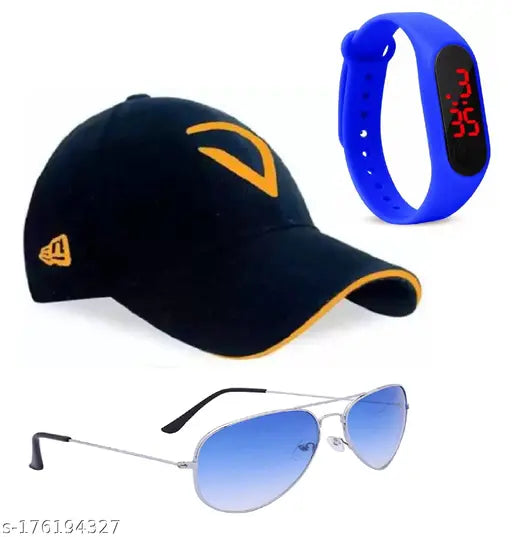 Blue lens sports cap, embroidered Virat Kohli design, cotton baseball hat with LED watch & sunglasses for men, boys, girls - Indian made