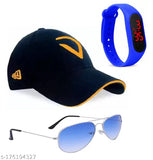 Blue lens sports cap, embroidered Virat Kohli design, cotton baseball hat with LED watch & sunglasses for men, boys, girls - Indian made
