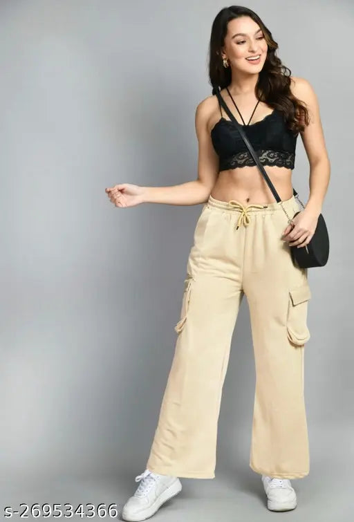 Cream cotton women's cargo jogger pants, high-quality breathable blend with elastic waistband, multiple pockets, solid pattern, size 26/28/30/32