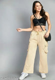 Cream cotton women's cargo jogger pants, high-quality breathable blend with elastic waistband, multiple pockets, solid pattern, size 26/28/30/32