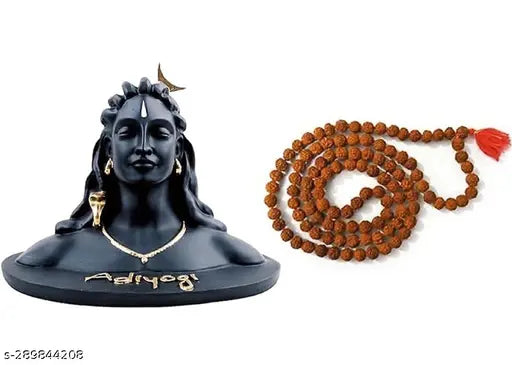 Resin Adiyogi statue with Rudraksha Mala, moon on head miniature murti for car dash board, home puja and office temple decor. Size: 10cm x 10cm x 9cm, Indian origin