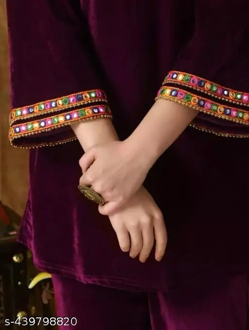 Velvet IndoWestern coord set, three-quarter sleeves, velvet fabric on display