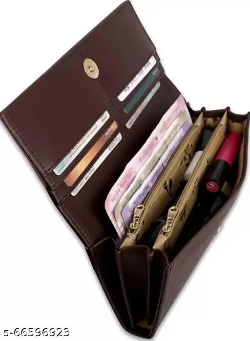 Stylish faux leather clutch for women and girls, trendy design with 6 card slots, multiple compartments, and magnetic closure. Umber brown color, free size, lightweight, easy to carry, suitable for everyday use, India origin