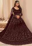 Embroidered net lehenga set in botanical pattern, free size, perfect for women's partywear or bridal attire. Handcrafted in India