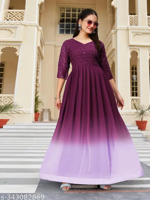 Georgette colorblocked three-quarter sleeve women's dress, classy and ravishing Indian fashion on mannequin