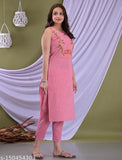 Cotton blend embroidered straight kurta pant set, sleeveless, solid pattern, Indian-made women's clothing S-5XL sizes