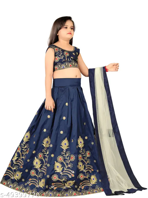 Taffeta silk Lehanga Cholis for girls, embroidered with semi-stitched net dupatta. Ethnic wear for kids, versatile for occasions and festivals