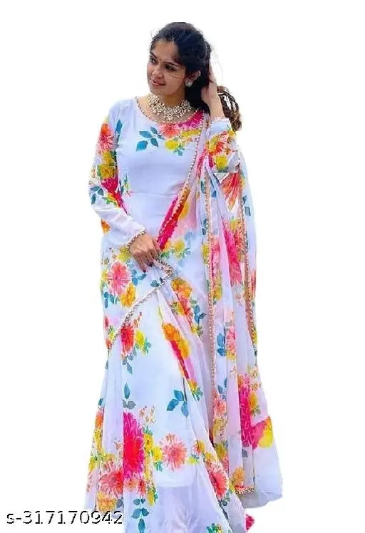 Women's Georgette Flared Dress with Dupatta, printed in vibrant floral patterns. Perfect for parties, festivals, and weddings