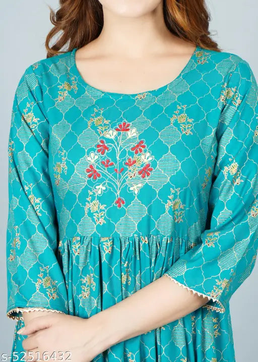 Rayon embroidered Anarkali set, three-quarter sleeve Banita ensemble kurtis for women, India origin