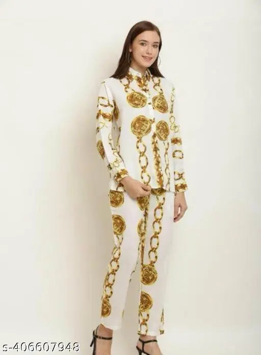 White crepe co-ord set for women, golden chain print top with long sleeves and matching shrug, India origin