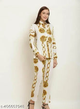 White crepe co-ord set for women, golden chain print top with long sleeves and matching shrug, India origin