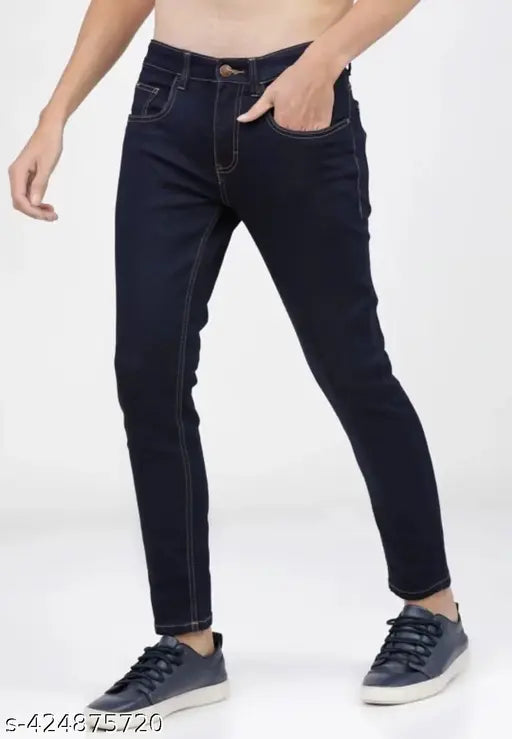 Dark blue Hopewell Slim Fit jeans with checked pattern, men's denim wear for size 28, 30, 32, 34, or 36. Made in India