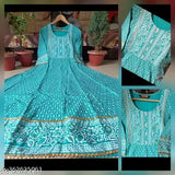 Rayon printed Anarkali kurtis with Firoji design and samosa lace border, available in sizes S to 4XL from SS Dyeing