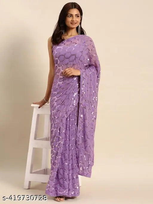 New Designer Georgette Sequin Saree for Women - Embellished, single-piece Indian sari in free size with 5.5m length and 0.8m blouse
