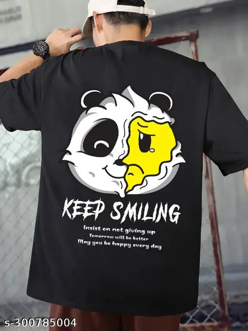 Black cotton oversized panda graphic print men's t-shirt, perfect for casual or sportswear. Made in India." (123 characters)