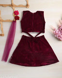 Taffeta silk embroidered lahanga for girls, sleeveless with taffeta dupatta. Indian ethnic wear in sizes 12-8 years