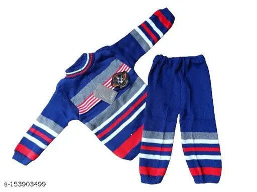 Blue wool winter fleece baby boy clothing set: Sweatshirt, T-shirt, and Pyjama pant