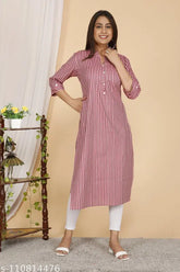 Pink striped straight-cut cotton kurti, 60s cotton, 42" length, collar neck, 3/4th sleeves, made in India