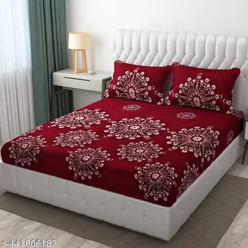 White botanical-print superfine cotton king size bedsheet with elastic, plus two pillow covers - ideal for summer