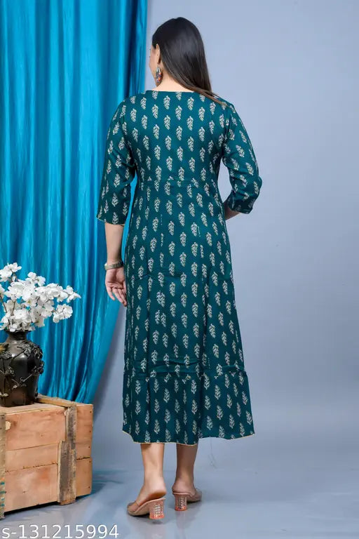 Anarkali rayon kurta, embroidered print design, festive wear for women (3/4 sleeves, XS-6XL)