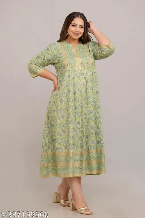 Rayon green plus-size Anarkali gown, printed combo, three-quarter sleeves - stylish Indian fashion for large sizes