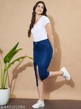 Denim washed long front center slit stretchable cotton blend skirt, solid net pattern for women's fashion, size 24 (waist 26", length 30", hip 32")