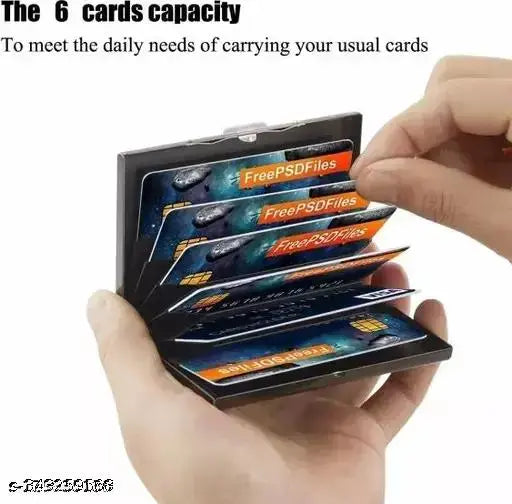 Water-resistant stainless steel debit/credit business card holder. Solid, stylish, and sturdy. Ultra slim and portable with 5 compartments for 6 cards or 7 cards + 3 folded bills. Perfect for daily use, travel, and business. Made in India