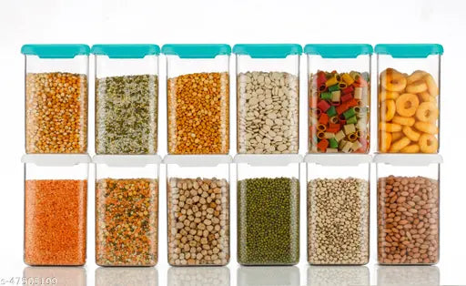 Blue and white air-tight plastic kitchen dabba set, 1100ml capacity, pack of 12 for dry food storage