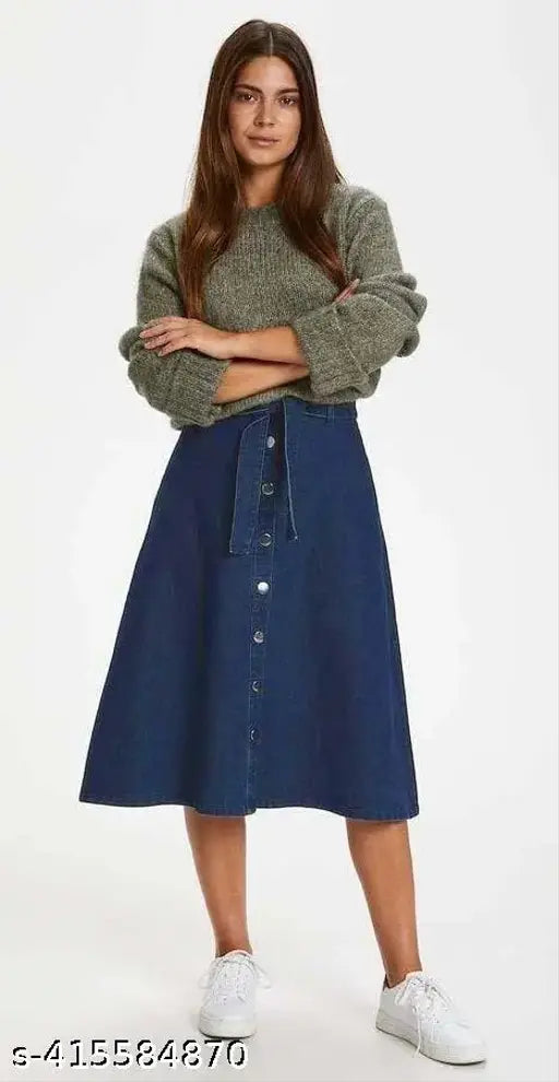 Navy Blue A-Line Midi Denim Woman Skirt - Lightweight, breathable, home washable denim skirt with exclusive self designs and durable materials. Trendy maxi denim skirt suitable for all body types. Breathable, free moving material for comfort and easy movement. Available sizes: 26 (Waist 26in, Hip 36in), 28 (Waist 28in, Hip 38in), 30 (Waist 30in, Hip 40in) etc., up to size 46. Made in India