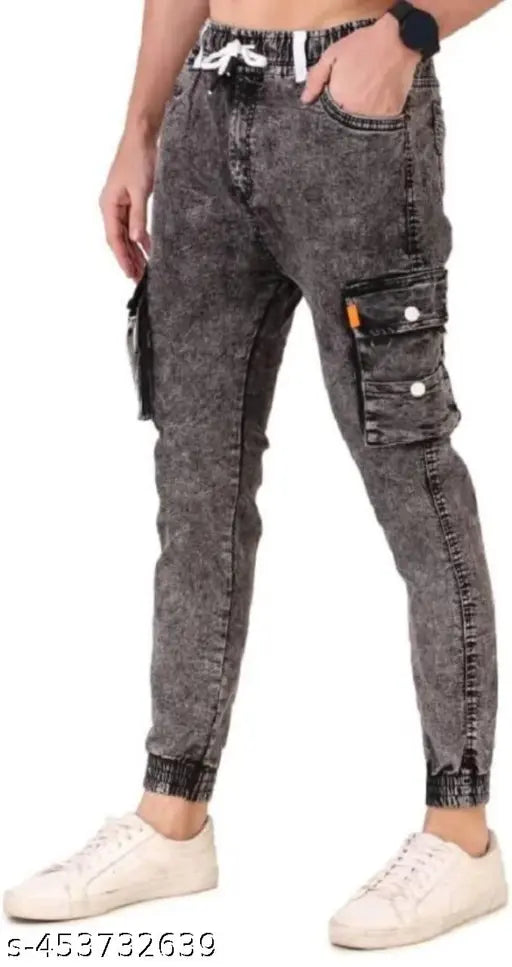 Stylish grey denim men's cargo jeans with six pockets, ultimate fit for casual wear (Size 28, India origin)