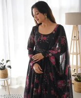 Georgette floral print Anarkali kurti with dupatta, stylish retro women's dress elevating ethnic wardrobe, single set in India