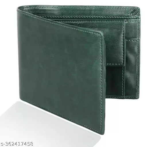 Green faux leather bi-fold wallet for men, featuring 2 cash compartments, 2 slip compartments, and 3 card slots